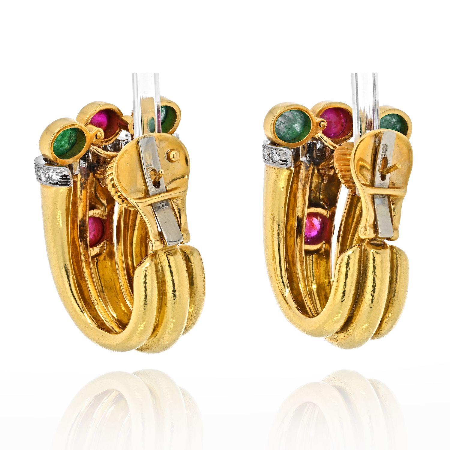 Modern David Webb Platinum & 18K Yellow Gold Diamond, Ruby, Green Emerald Earrings For Sale