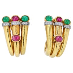 David Webb Platinum & 18K Yellow Gold Diamond, Ruby, Green Emerald Earrings