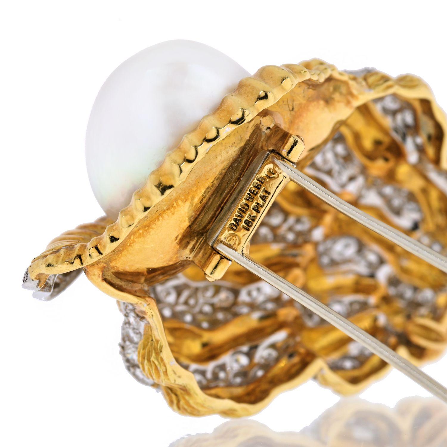 Round Cut David Webb Platinum and 18 Karat Yellow Gold Diamond Shell with a Pearl Brooch