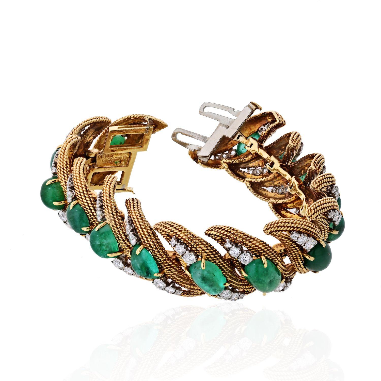 Armband aus Platin und 18 Karat Gold mit Diamanten und Cabochon-Smaragden von David Webb (Moderne) im Angebot