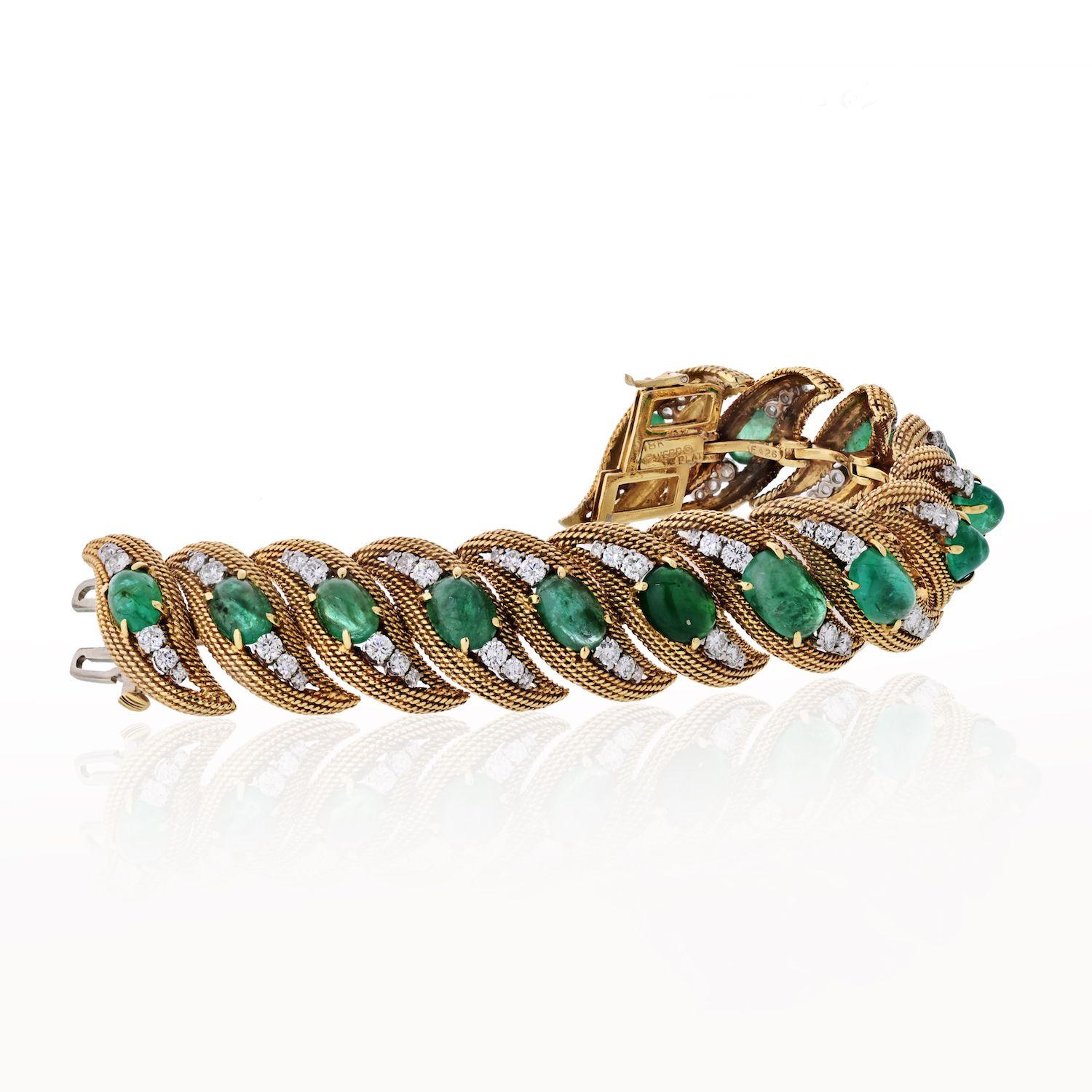 Emerald Cut David Webb Platinum and 18 Karat Gold Diamonds, Cabochon Emeralds Bracelet For Sale