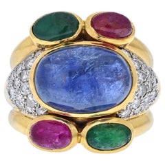 David Webb Platinum & 18K Yellow Gold Diamonds, Sapphire, Ruby and Emerald Ring