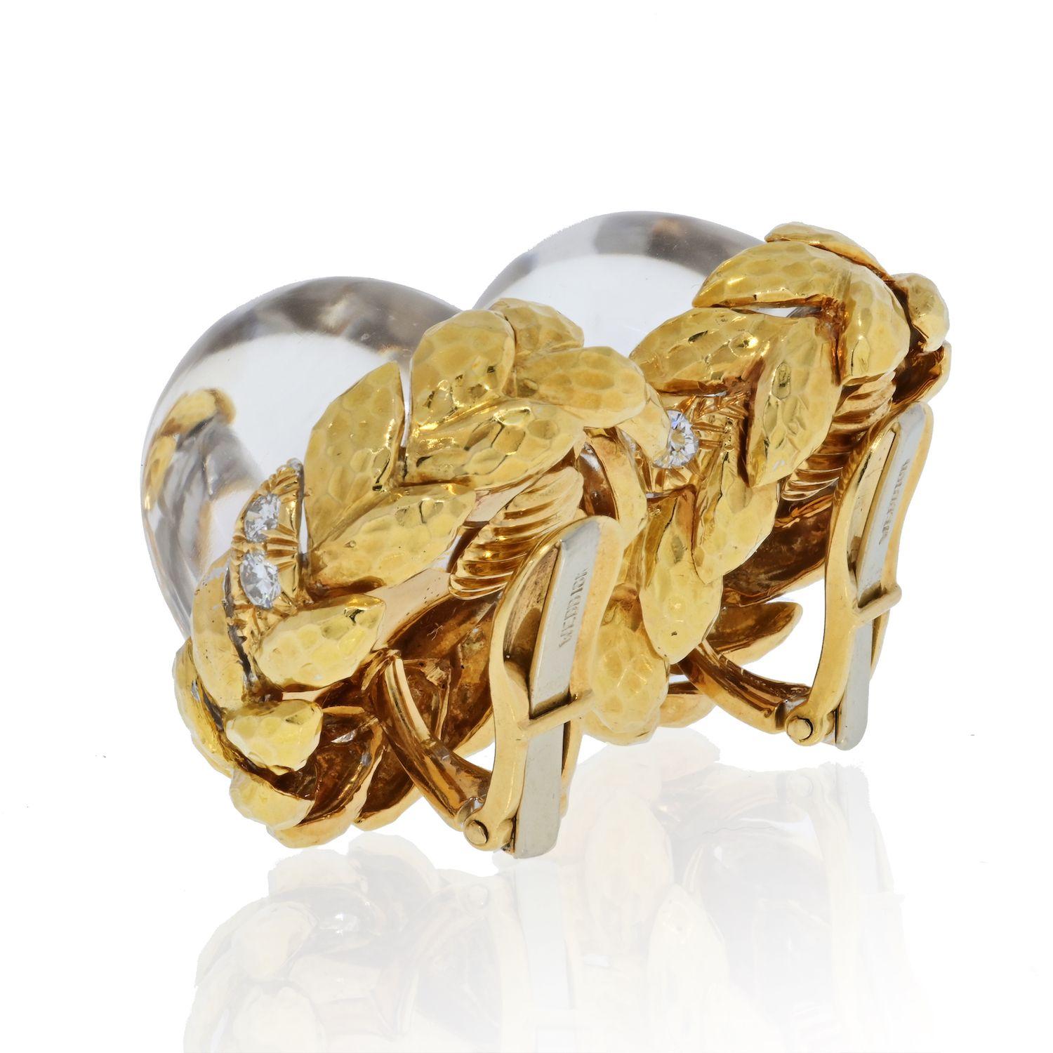 Modern David Webb Platinum & 18K Yellow Gold Domed Rock Crystal Diamond Earrings For Sale