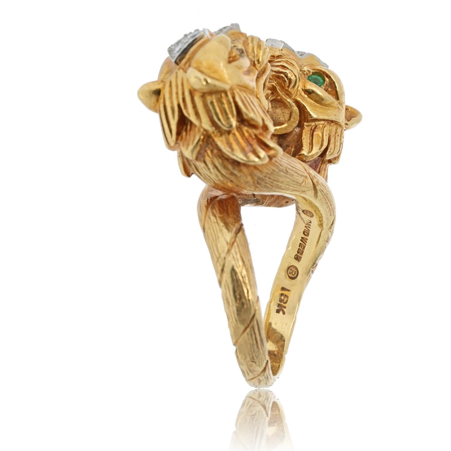 Round Cut David Webb Platinum & 18K Yellow Gold Double Head Lion Ring For Sale