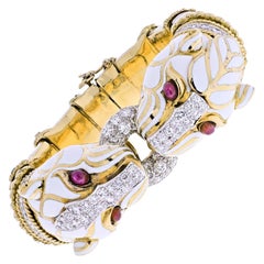 David Webb Platinum &18K Yellow Gold Double Head White Enamel Pantheres Bracelet