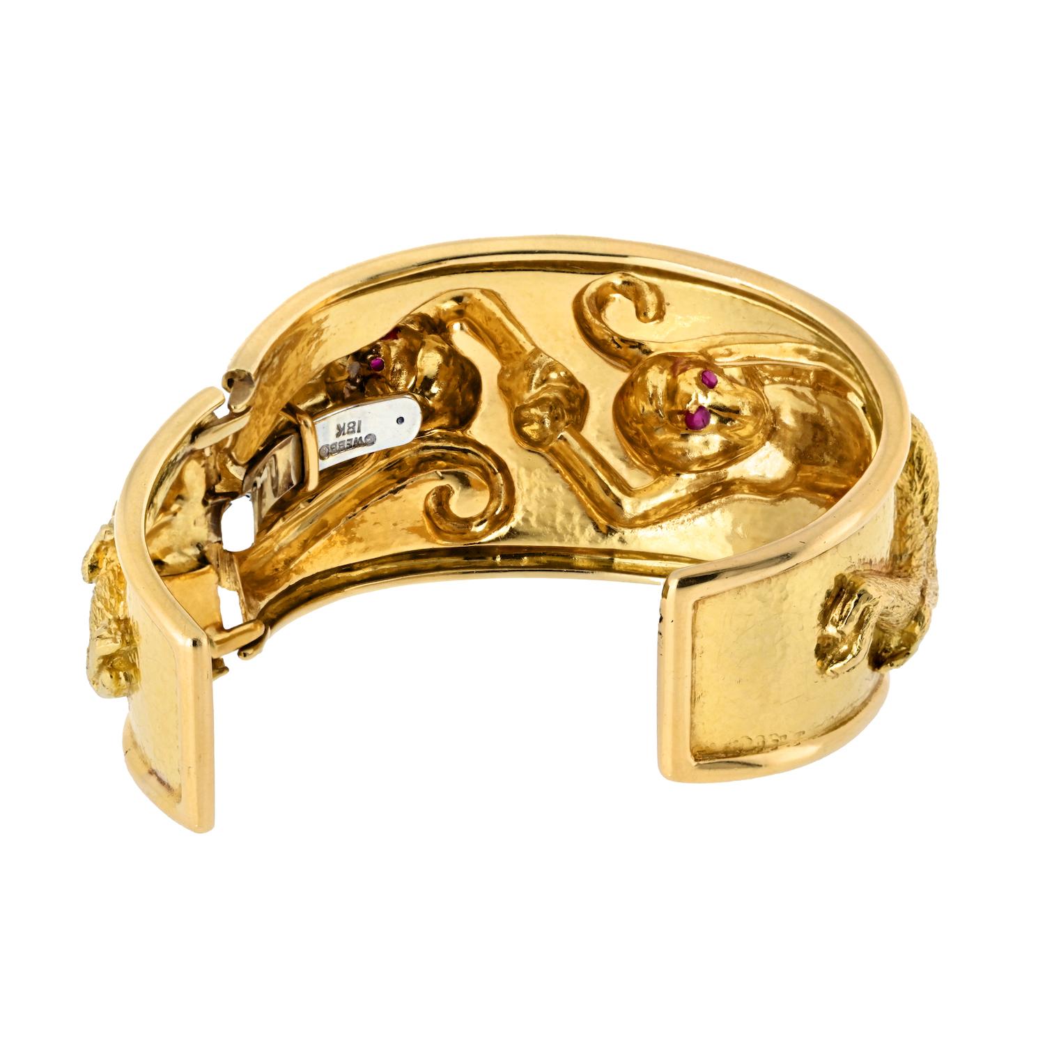 Cabochon David Webb Platinum & 18K Yellow Gold Double Monkey Bracelet For Sale