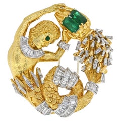 David Webb Platinum & 18K Yellow Gold Emerald and Diamond 'Aquarius' Clip Brooch