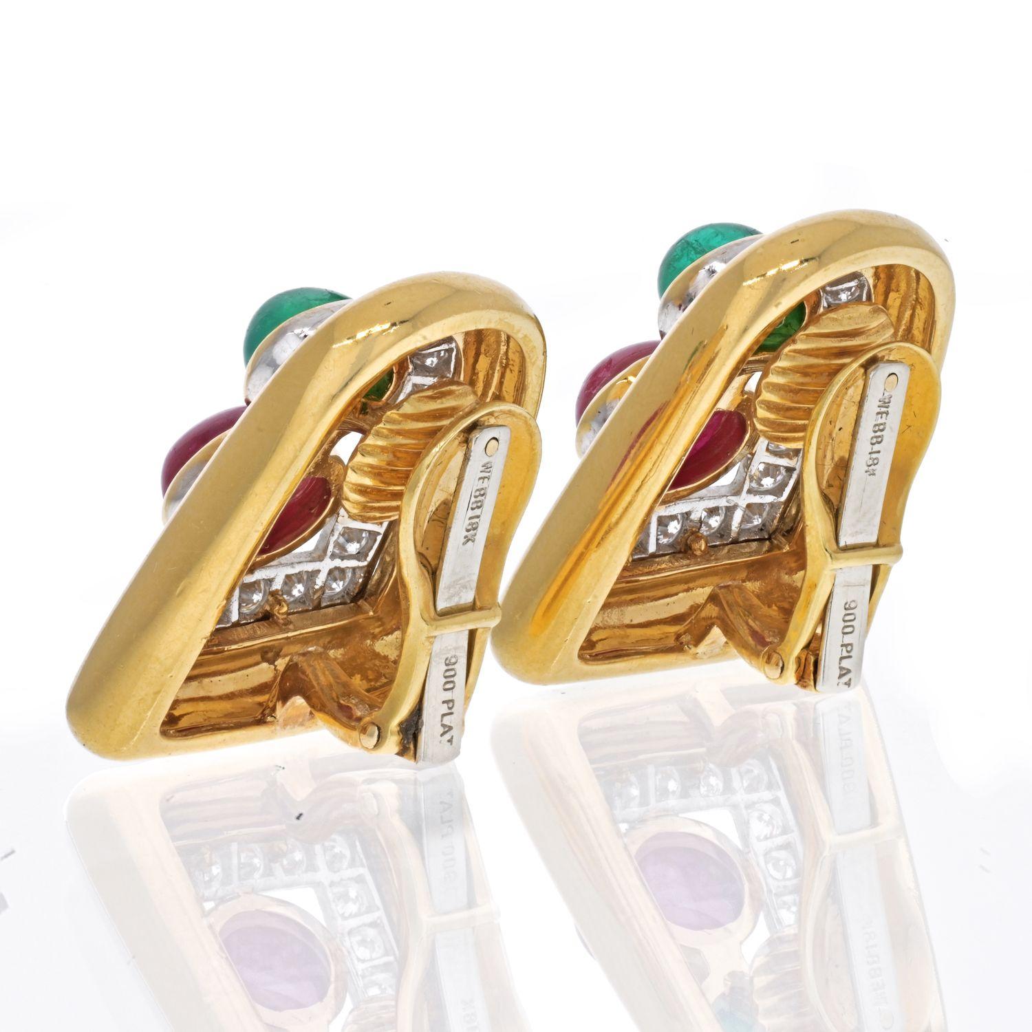 Modern David Webb Platinum & 18K Yellow Gold Emerald, Ruby and Diamond Clip Earrings For Sale