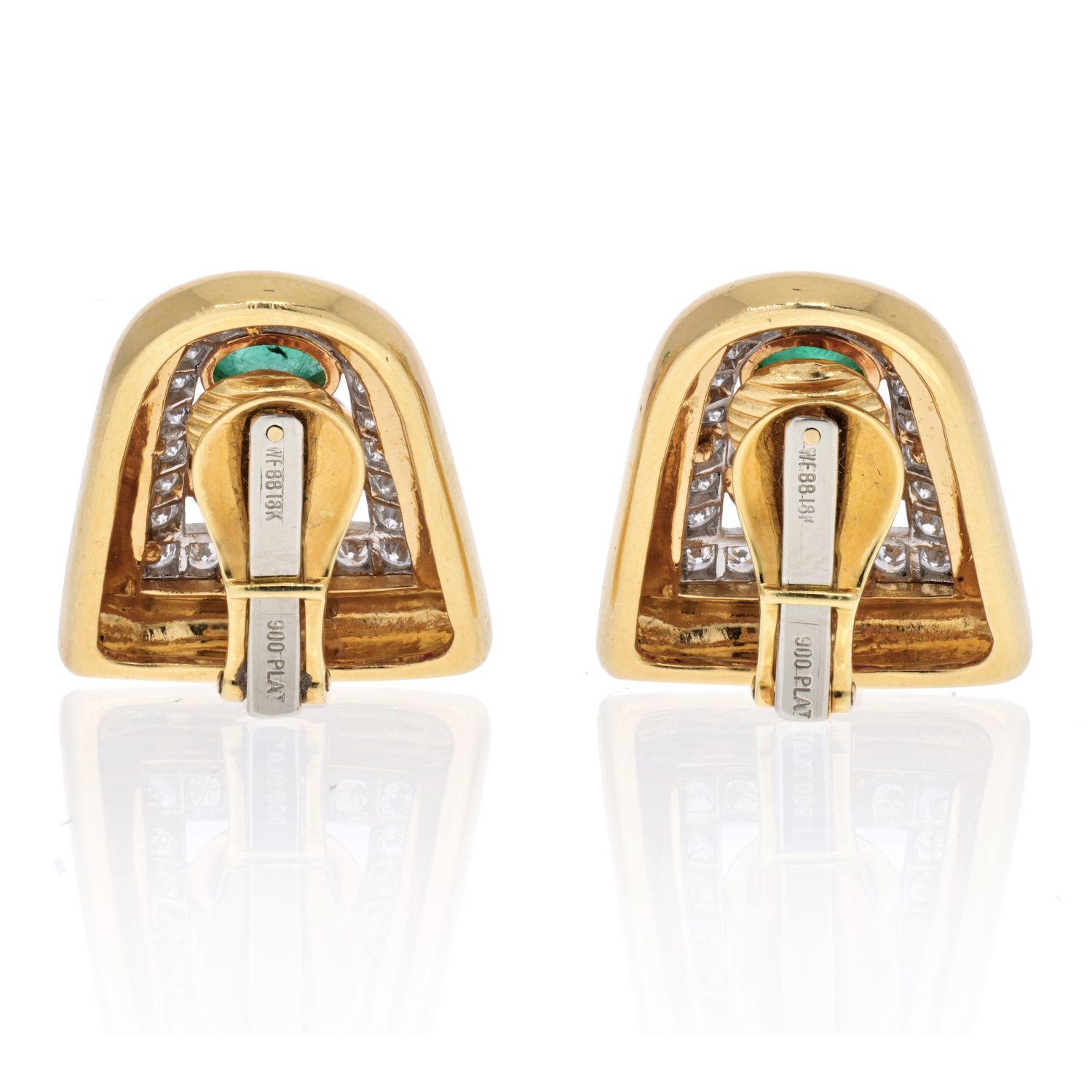 Round Cut David Webb Platinum & 18K Yellow Gold Emerald, Ruby and Diamond Clip Earrings For Sale