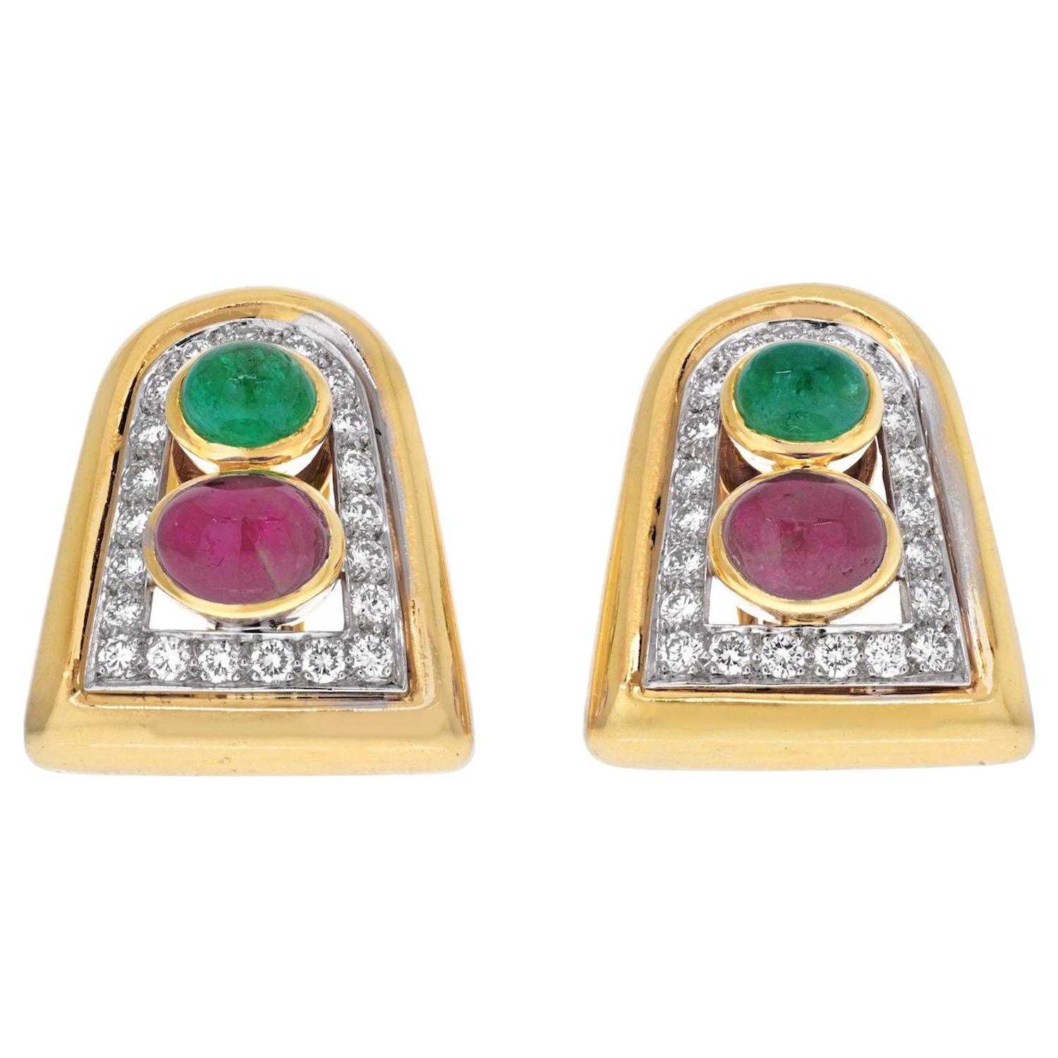 David Webb Platinum & 18K Yellow Gold Emerald, Ruby and Diamond Clip Earrings For Sale