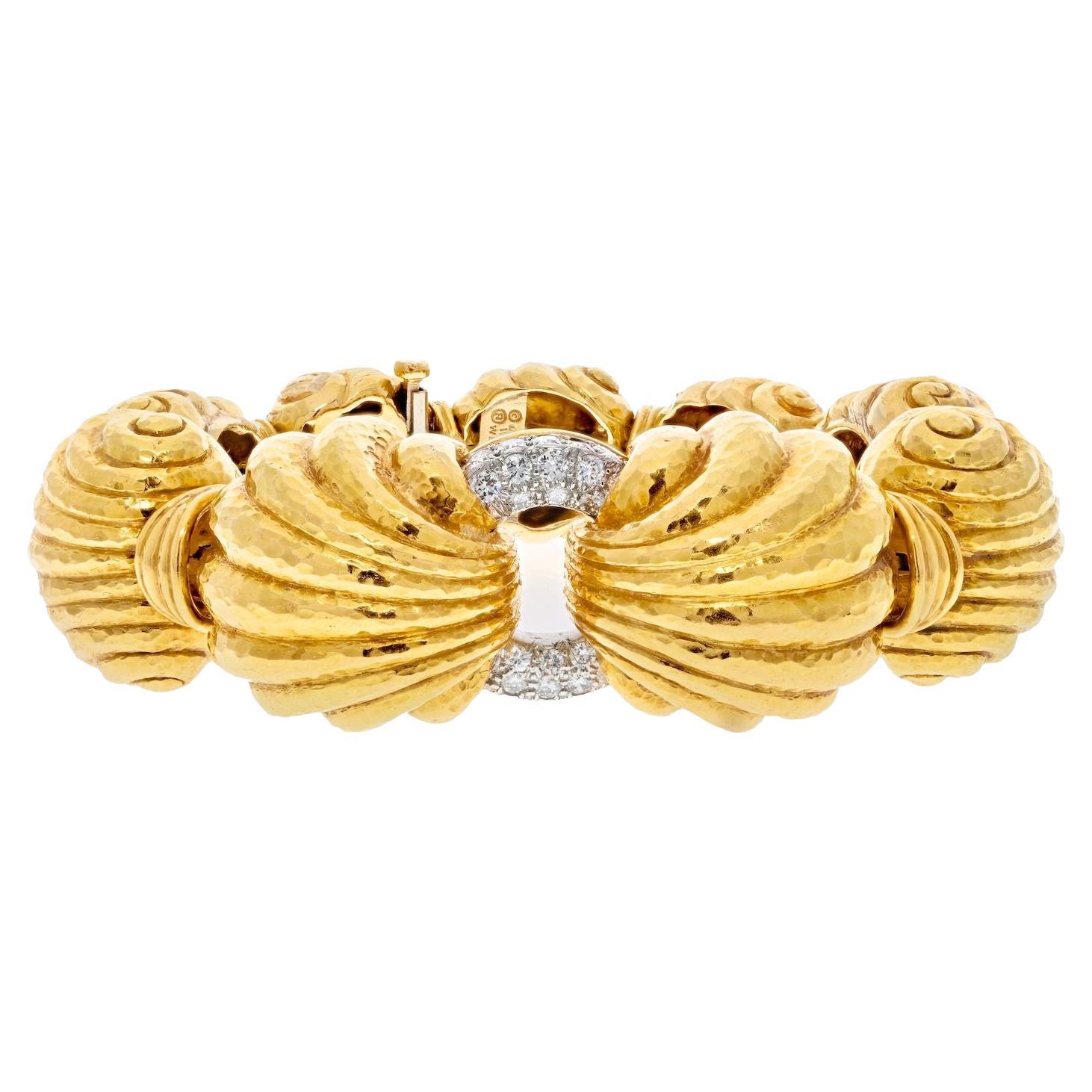 David Webb Bracelet à maillons cannelés en platine et or jaune 18 carats avec escargots