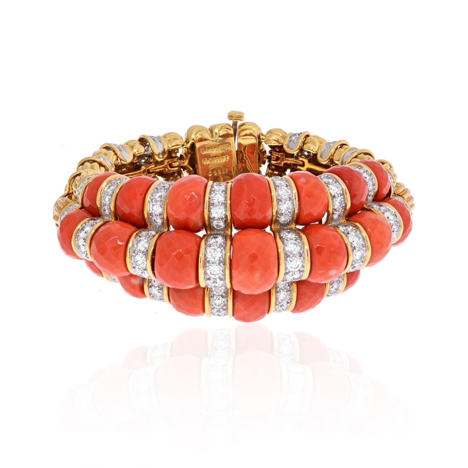 David Webb 18K yellow gold multi-layered faceted coral and diamond station bracelet in yellow gold. Such a powerful and bold piece by America's most desirable jeweler. 

This bracelet is perfect for someone with a wrist size 6.75 to 7 inches. 

This