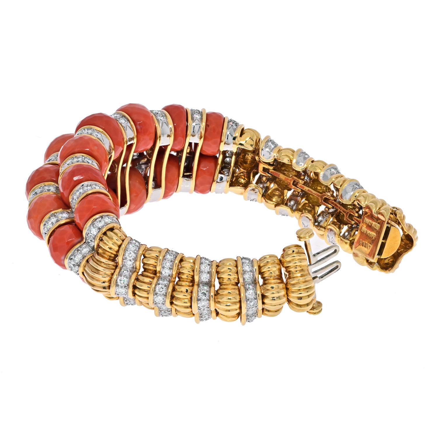 Modern David Webb Platinum & 18K Yellow Gold Faceted Coral And Diamond Bracelet For Sale
