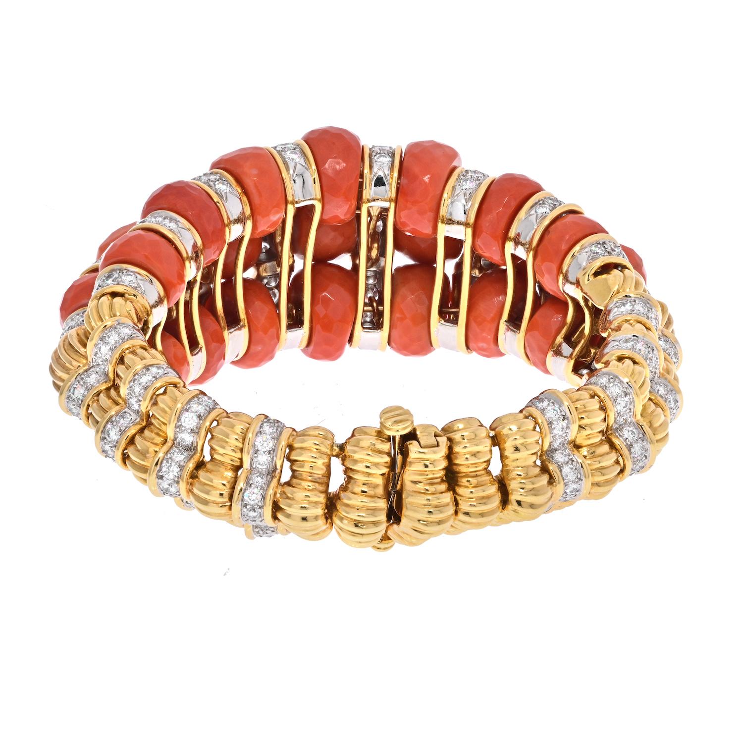 Round Cut David Webb Platinum & 18K Yellow Gold Faceted Coral And Diamond Bracelet For Sale