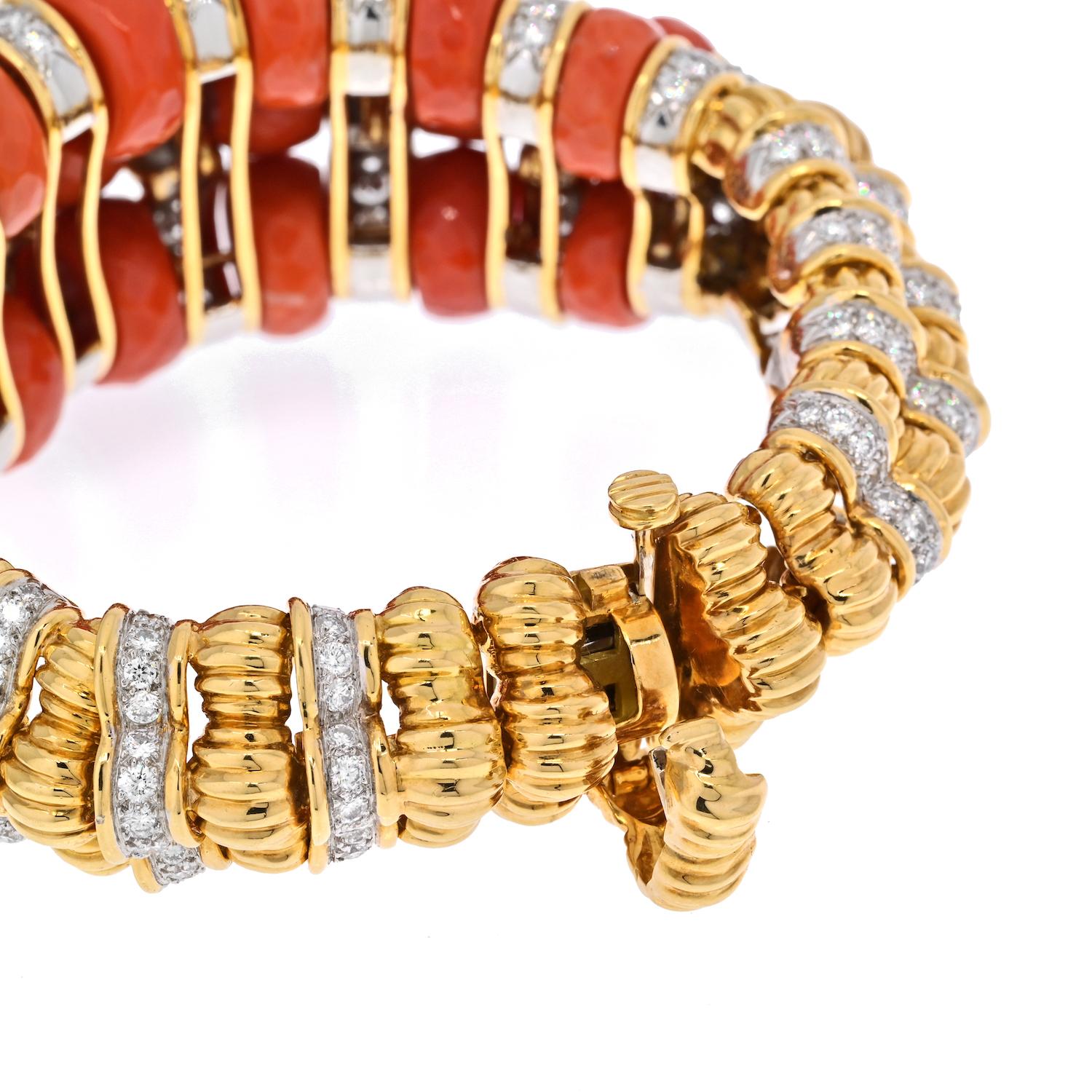 Women's David Webb Platinum & 18K Yellow Gold Faceted Coral And Diamond Bracelet For Sale