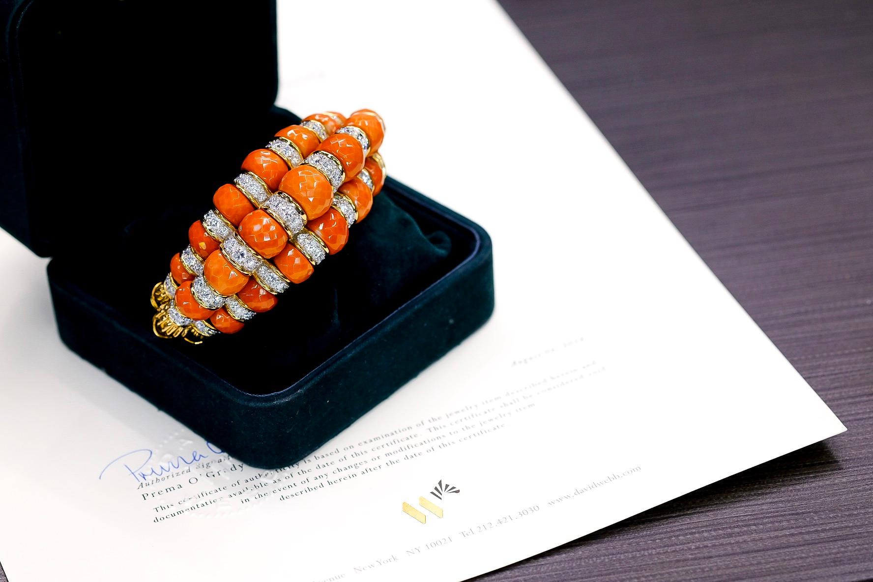 David Webb Platinum & 18K Yellow Gold Faceted Coral And Diamond Bracelet For Sale 1