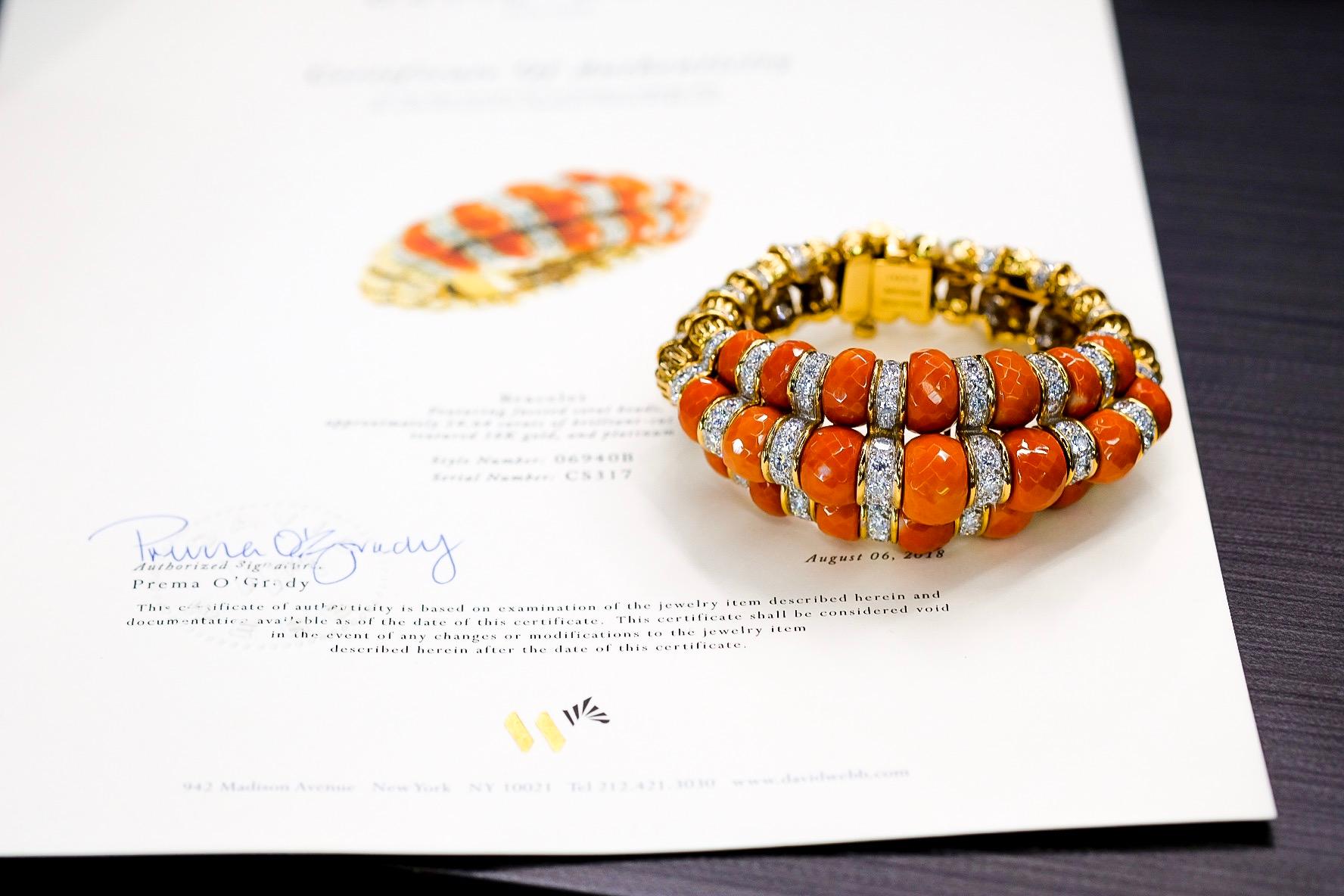 David Webb Platinum & 18K Yellow Gold Faceted Coral And Diamond Bracelet For Sale 2