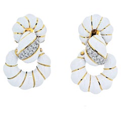 David Webb Platinum & 18K Yellow Gold Fancy Hoop White Enamel Earrings