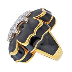 David Webb Platinum & 18K Yellow Gold Fleur De Lis Black Enamel Diamond Ring