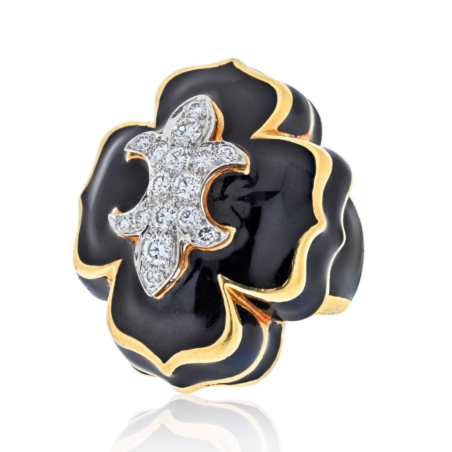 Round Cut David Webb Platinum & 18K Yellow Gold Fleur De Lis Black Enamel Diamond Ring For Sale