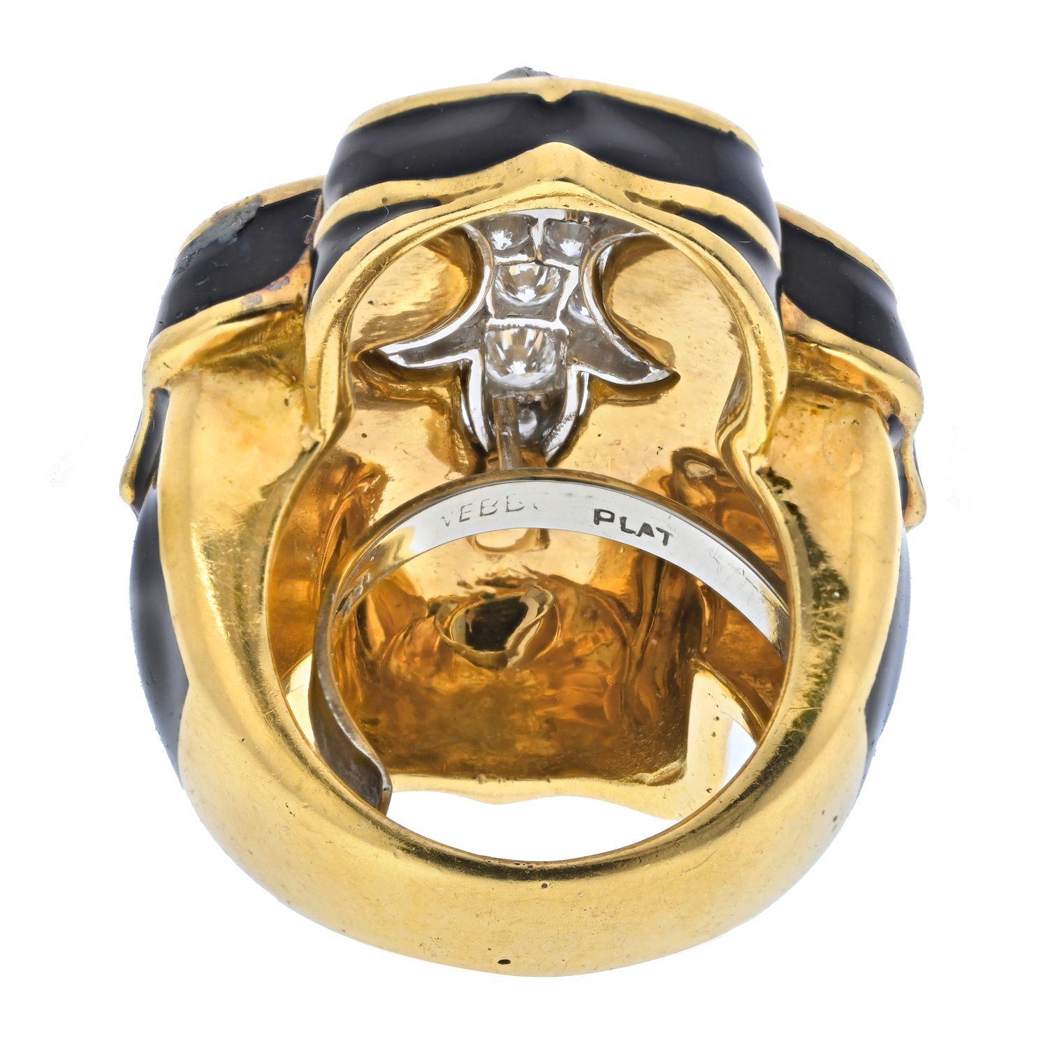 David Webb Platinum & 18K Yellow Gold Fleur De Lis Black Enamel Diamond Ring In Excellent Condition For Sale In New York, NY