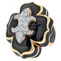 David Webb Platinum & 18K Yellow Gold Fleur De Lis Black Enamel Diamond Ring