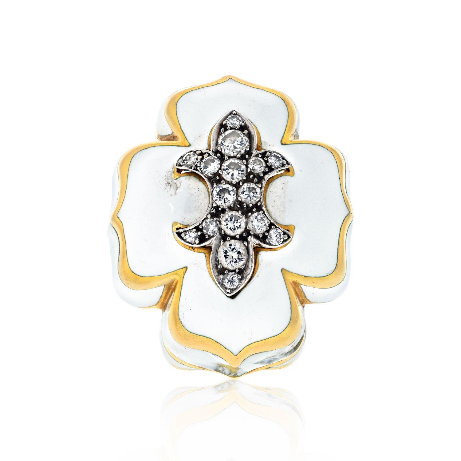 David Webb Fleur De Lis Weißer Emaille-Ring aus Platin und 18 Karat Gelbgold (Moderne) im Angebot