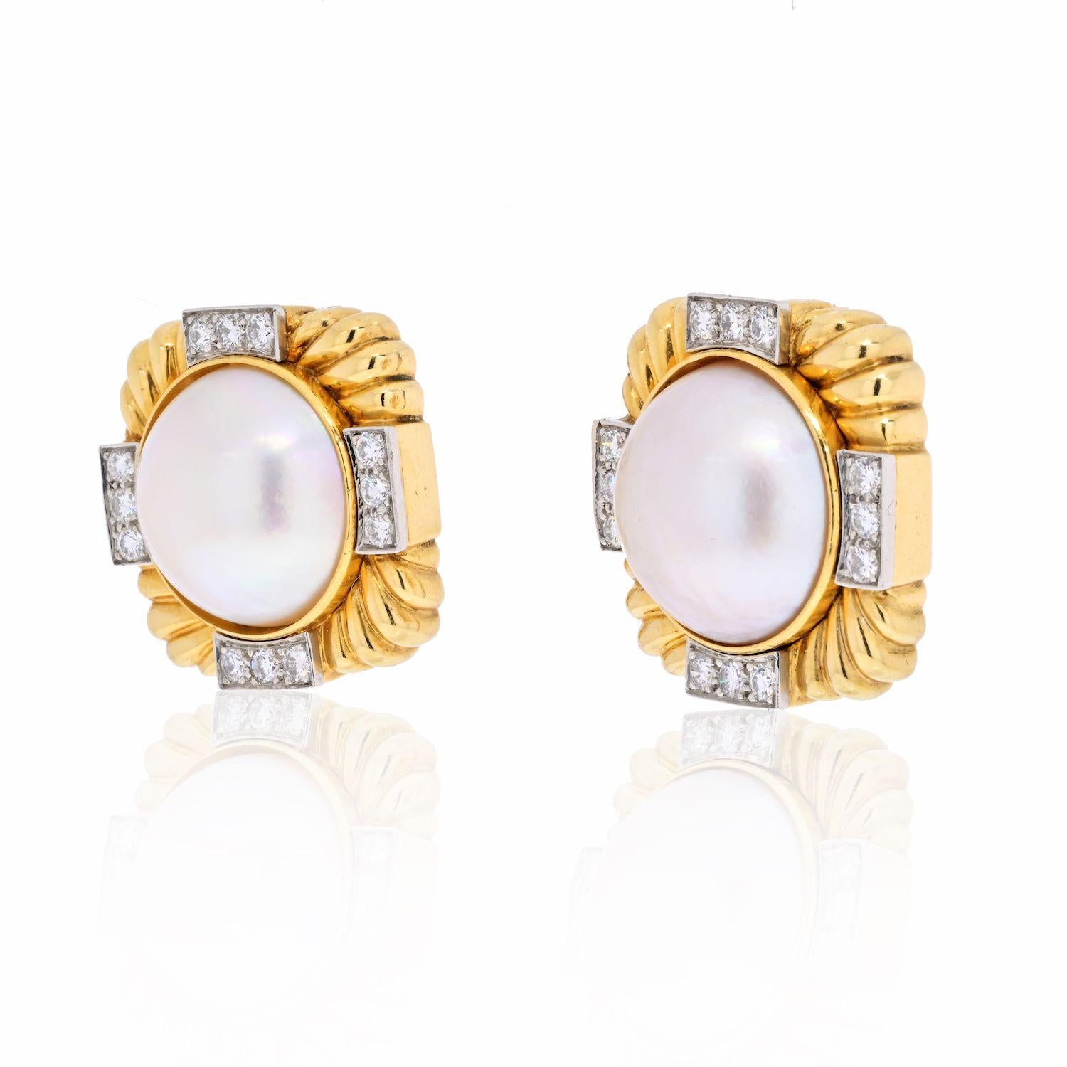 Modern David Webb Platinum & 18K Yellow Gold Fluted Diamond And Pearl Clip-On Earrings For Sale