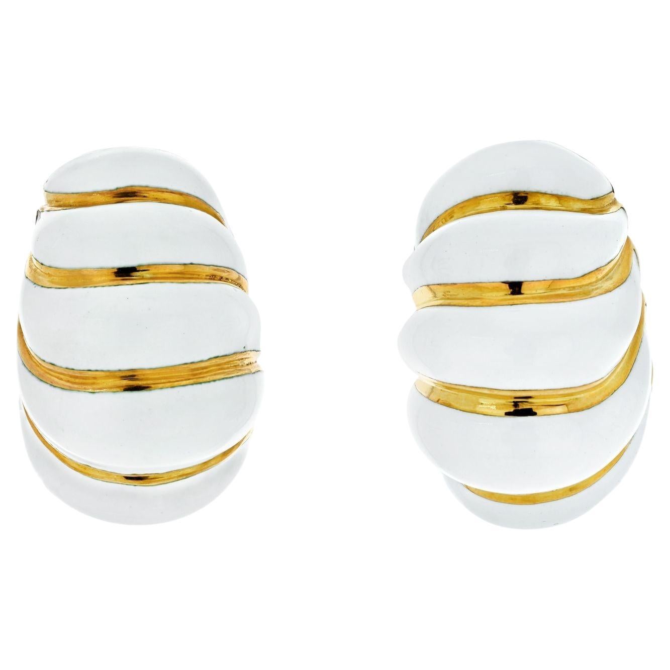 David Webb Platinum & 18K Yellow Gold Fluted White Enamel Shrimp Style Earrings