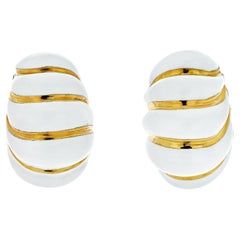 David Webb Platinum & 18K Yellow Gold Fluted White Enamel Shrimp Style Earrings