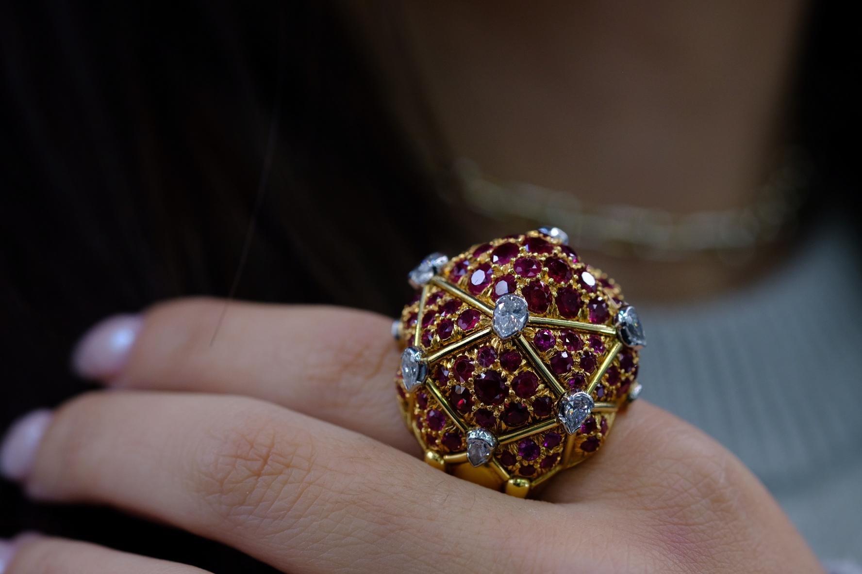 David Webb Platinum & 18K Yellow Gold Geodesic Diamond and Ruby Cocktail Ring 4