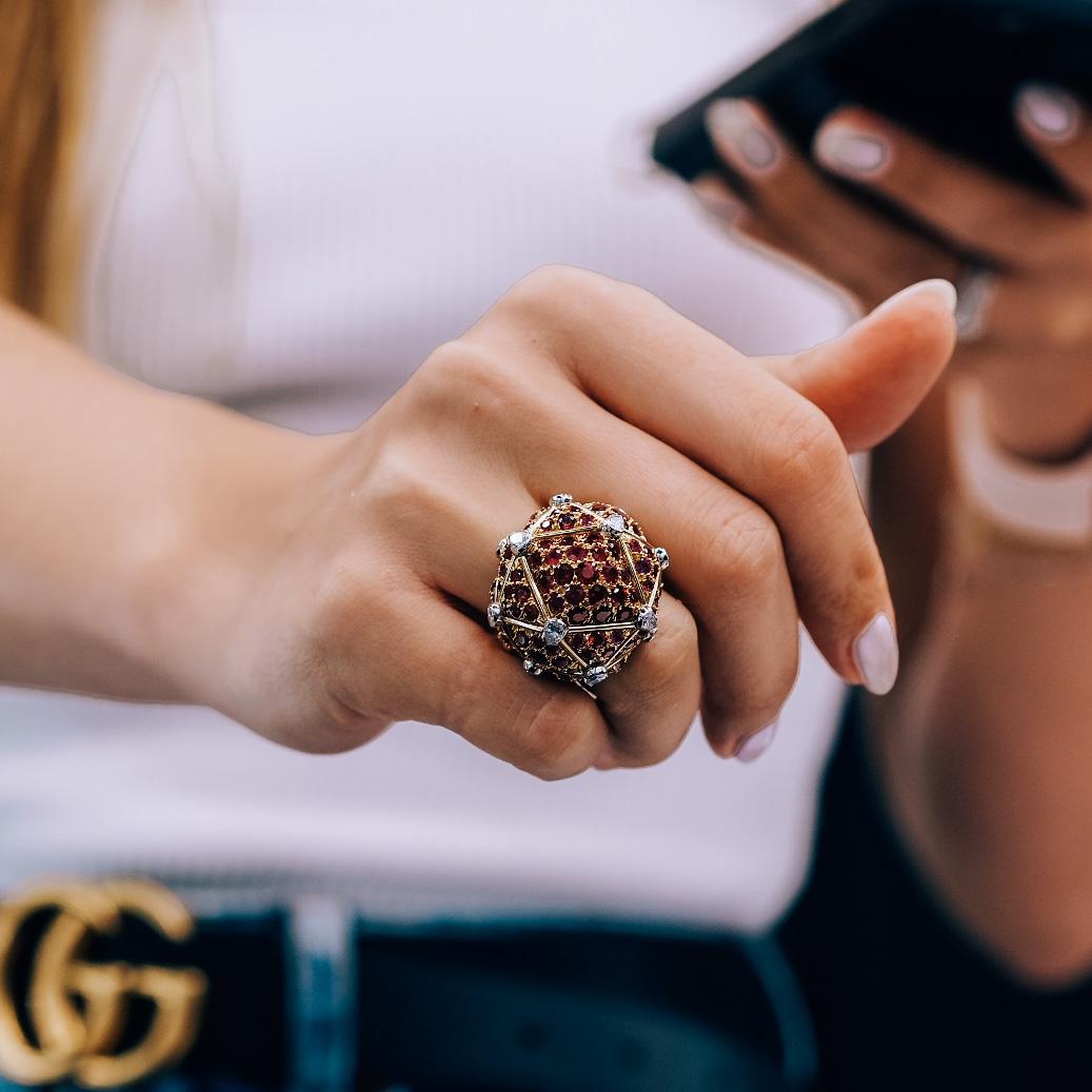 David Webb Platinum & 18K Yellow Gold Geodesic Diamond and Ruby Cocktail Ring 8