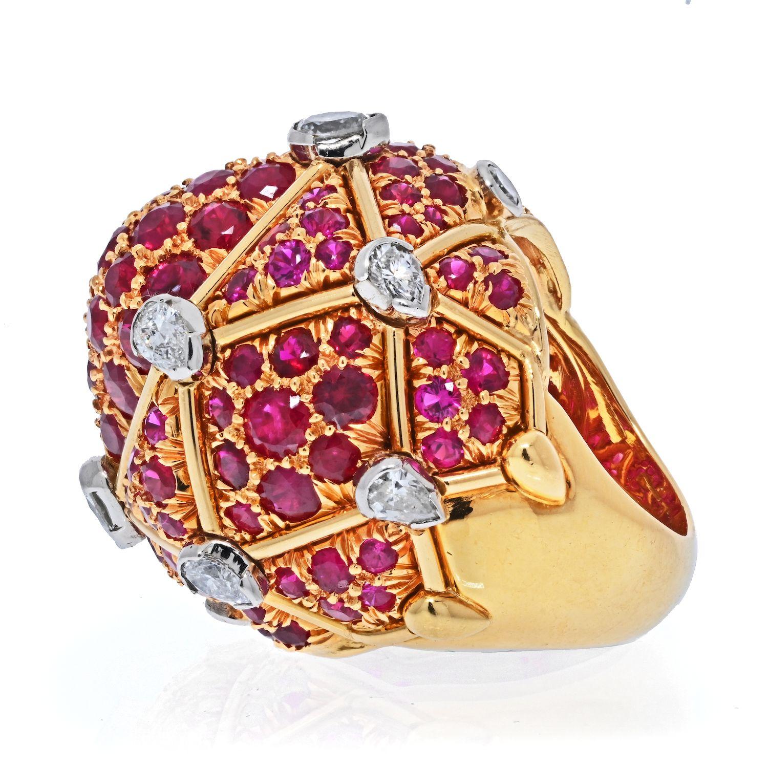 David Webb Platinum & 18K Yellow Gold Geodesic Diamond and Ruby Cocktail Ring In Excellent Condition In New York, NY