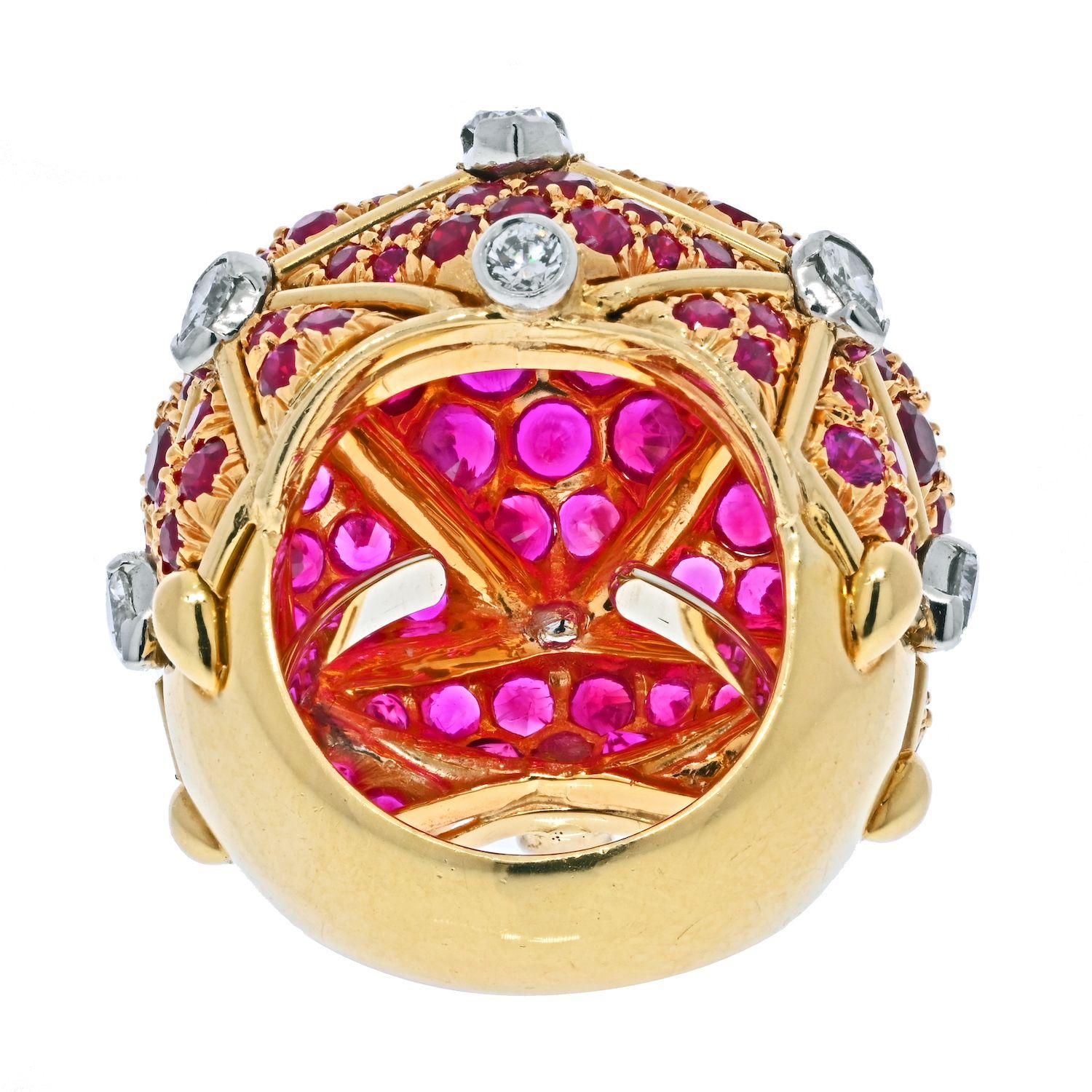 Women's David Webb Platinum & 18K Yellow Gold Geodesic Diamond and Ruby Cocktail Ring