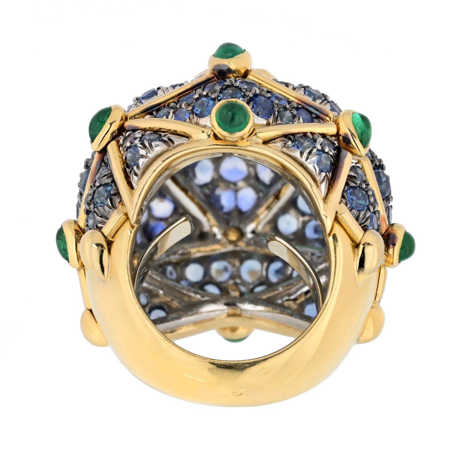 Modern David Webb Platinum & 18K Yellow Gold Geodesic Dome Emerald And Sapphire Ring
