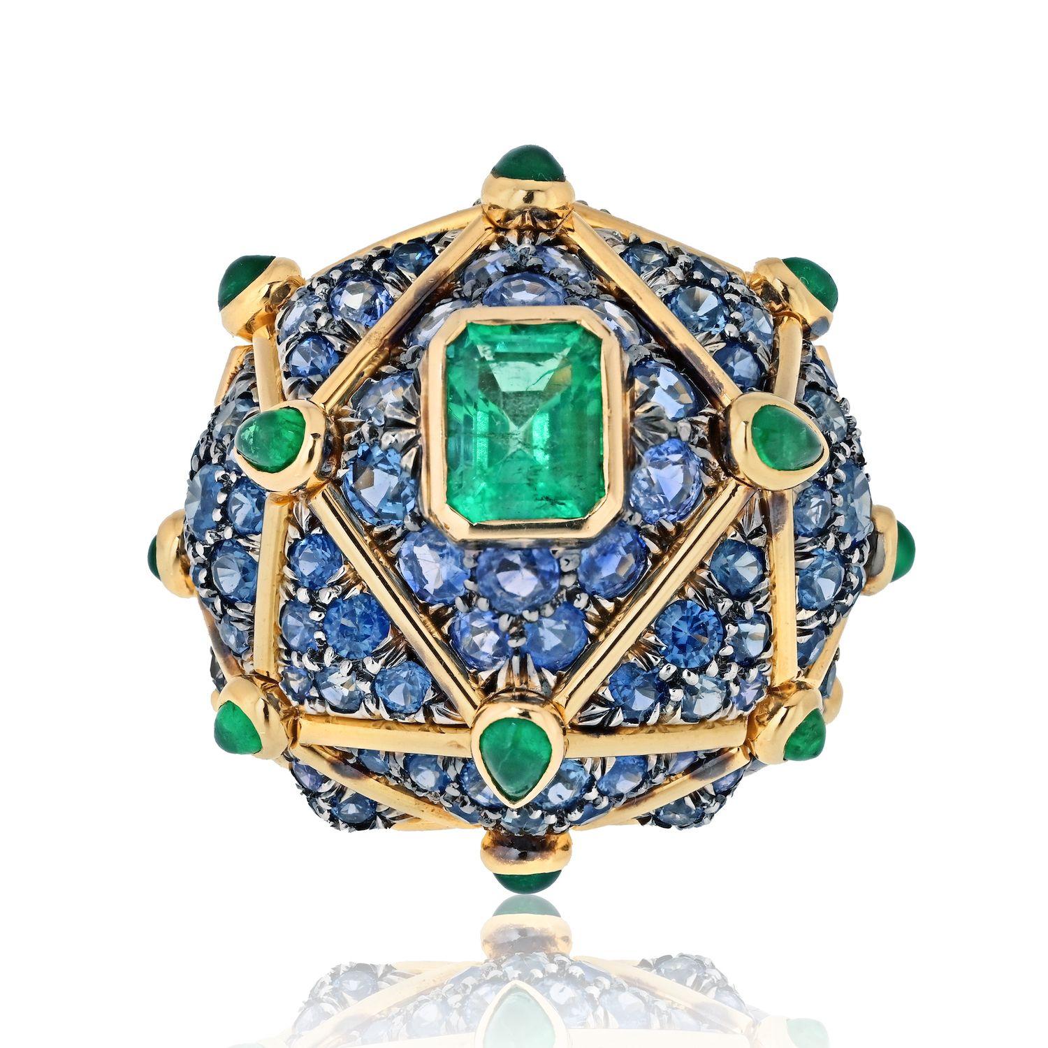 Emerald Cut David Webb Platinum & 18K Yellow Gold Geodesic Dome Emerald And Sapphire Ring