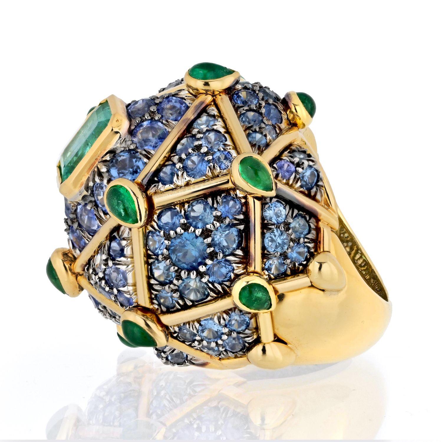 David Webb Platinum & 18K Yellow Gold Geodesic Dome Emerald And Sapphire Ring In Excellent Condition In New York, NY