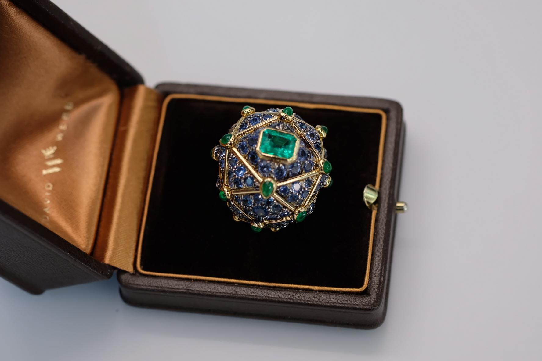 Women's David Webb Platinum & 18K Yellow Gold Geodesic Dome Emerald And Sapphire Ring