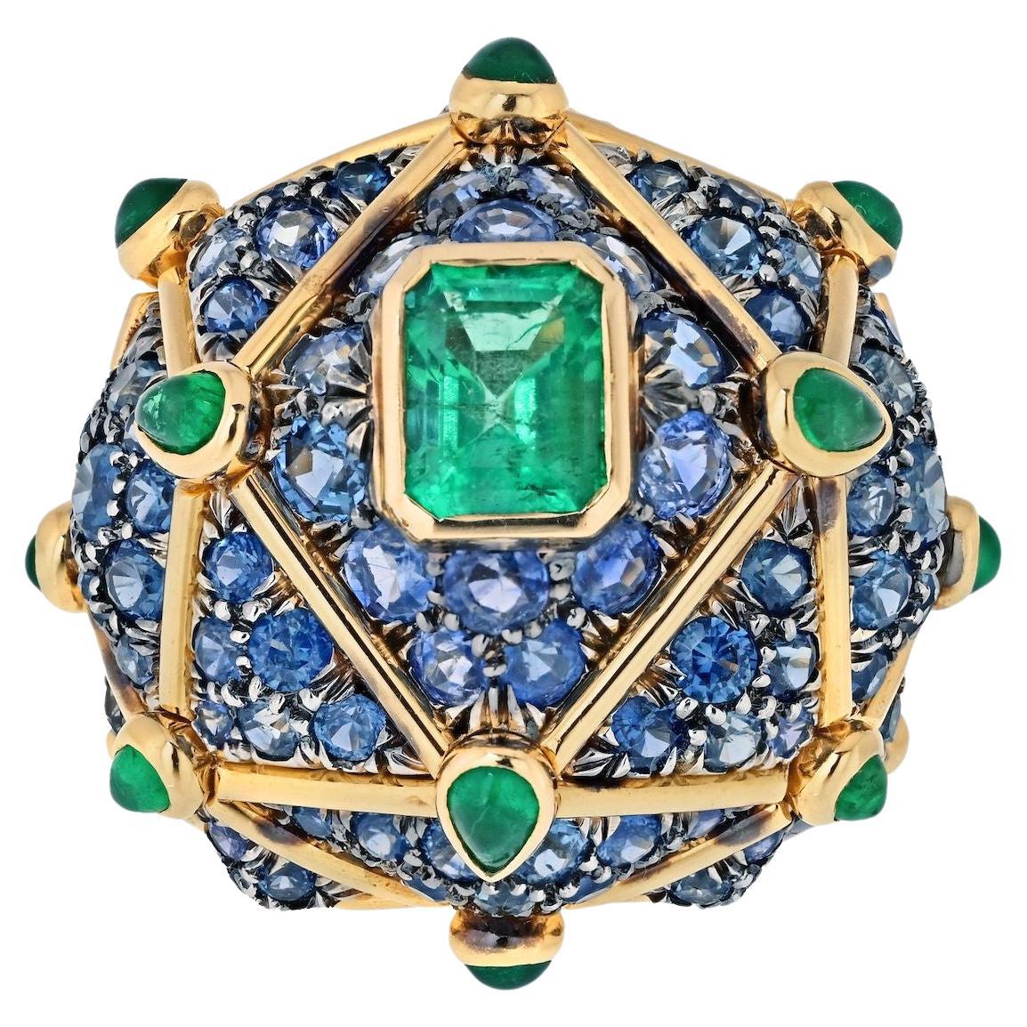 David Webb Platinum & 18K Yellow Gold Geodesic Dome Emerald And Sapphire Ring
