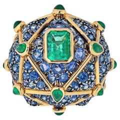 David Webb Platinum & 18K Yellow Gold Geodesic Dome Emerald And Sapphire Ring