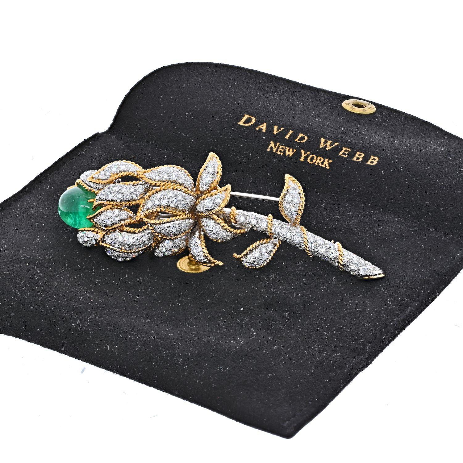 Modern David Webb Platinum & 18K Yellow Gold Green Emerald and Diamond Flower Brooch For Sale