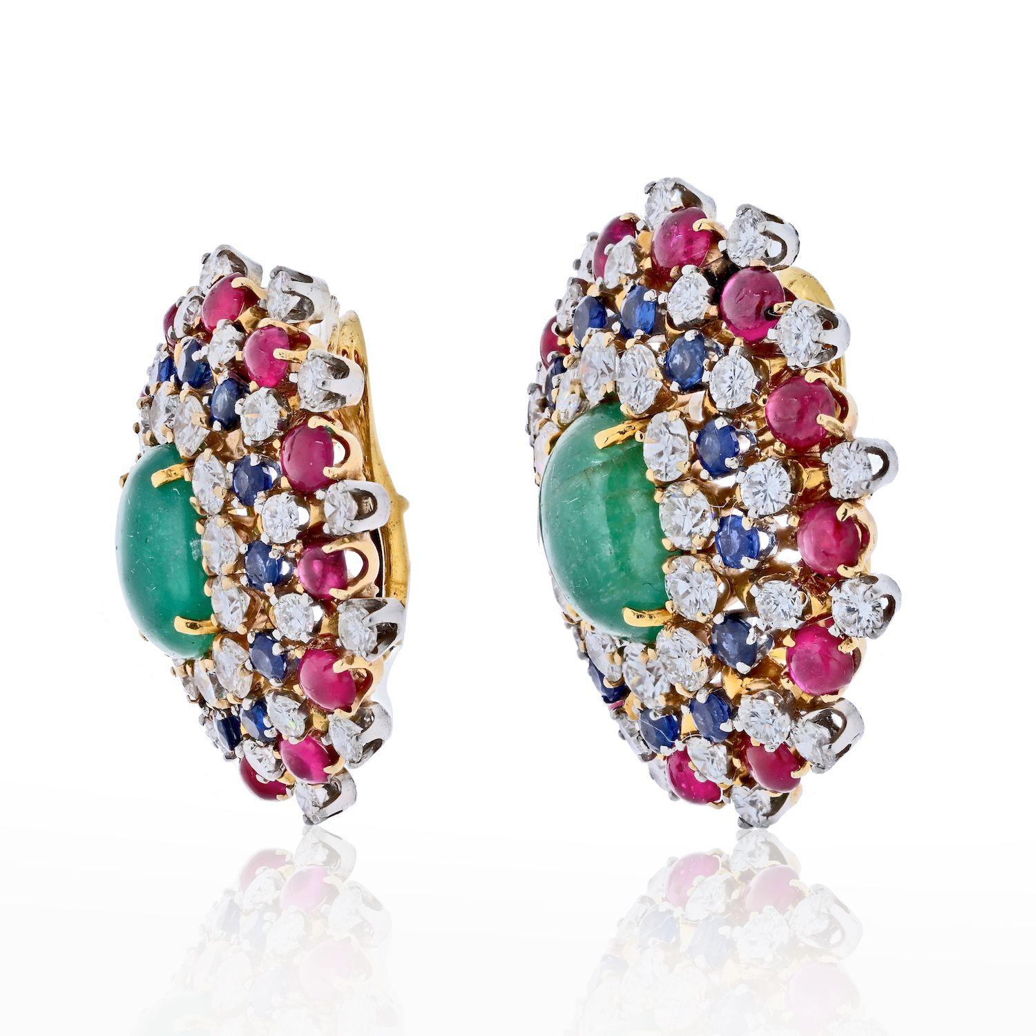 Round Cut David Webb Platinum & 18K Yellow Gold Green Emerald, Ruby And Diamond Earrings For Sale