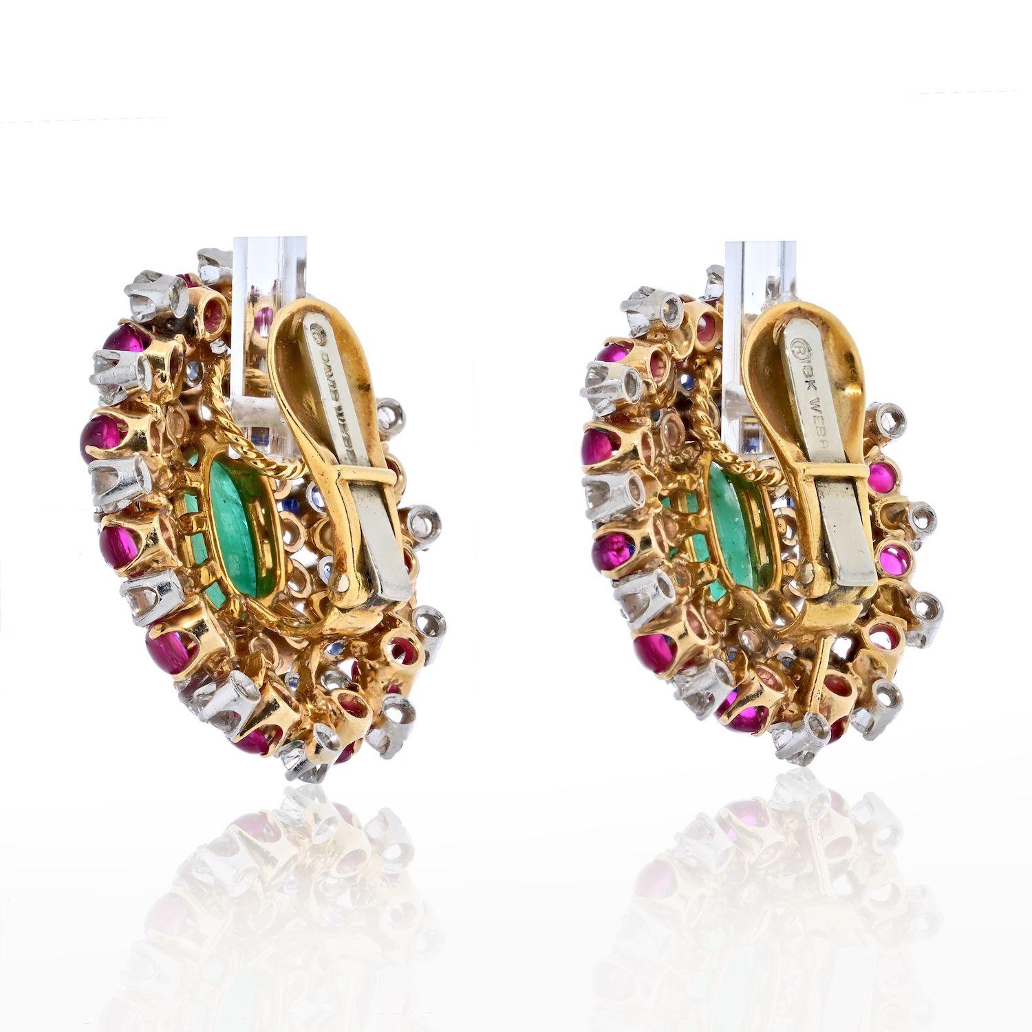 David Webb Platinum & 18K Yellow Gold Green Emerald, Ruby And Diamond Earrings In Excellent Condition For Sale In New York, NY