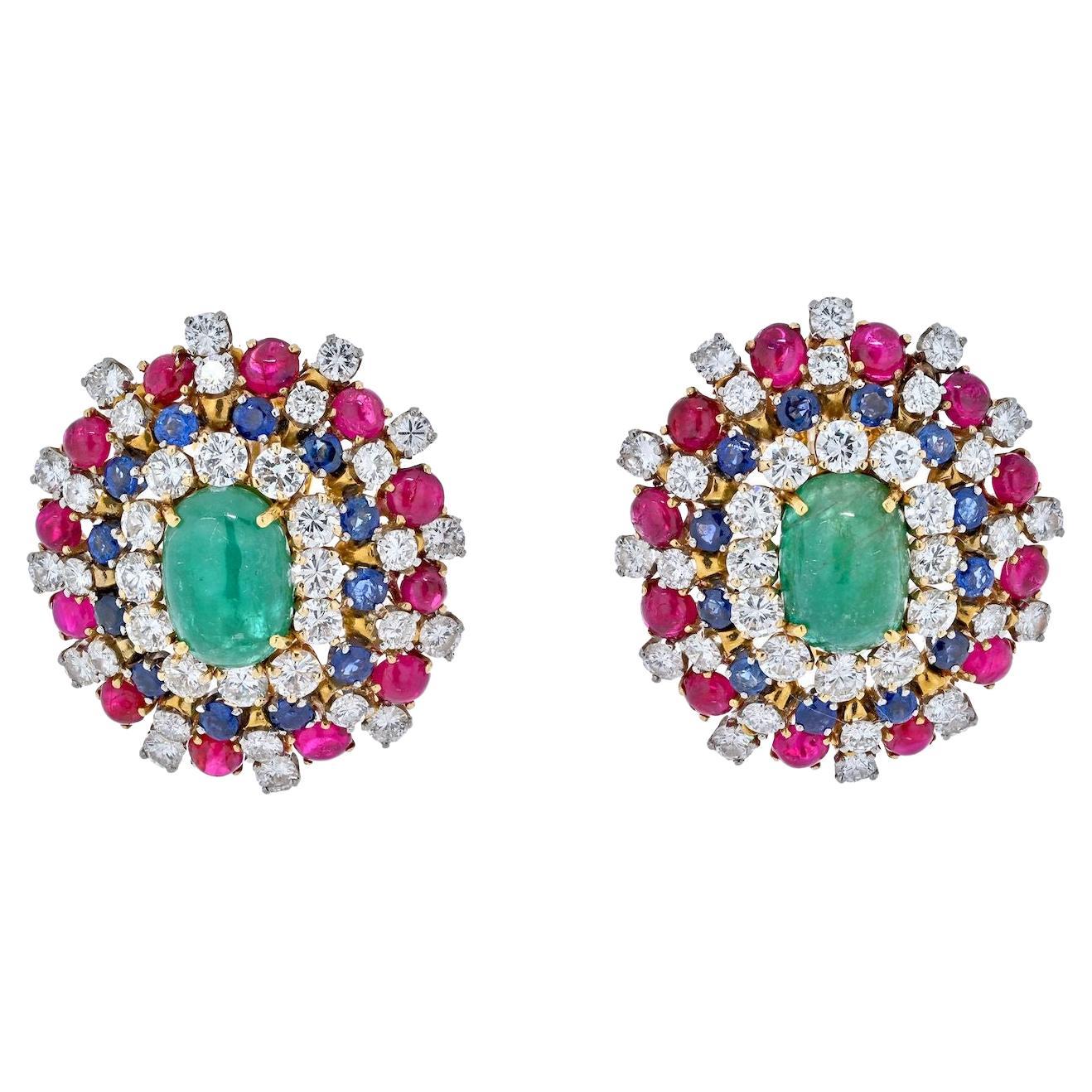 David Webb Platinum & 18K Yellow Gold Green Emerald, Ruby And Diamond Earrings
