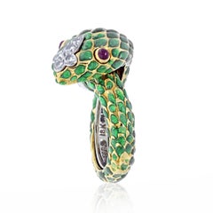 David Webb Platinum & 18K Yellow Gold Green Enamel Ruby Eyes Serpent Ring