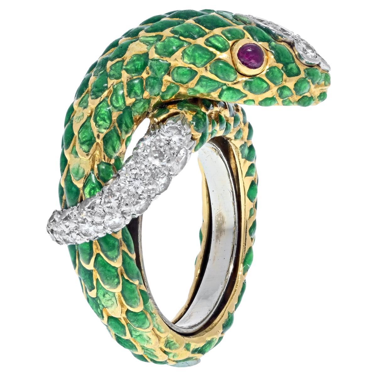 David Webb Platinum & 18K Yellow Gold Green Enamel Ruby Eyes Serpent Ring For Sale