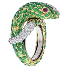 David Webb Platinum & 18K Yellow Gold Green Enamel Ruby Eyes Serpent Ring