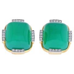 David Webb Platinum & 18K Yellow Gold Green Onyx Cabochon Earrings