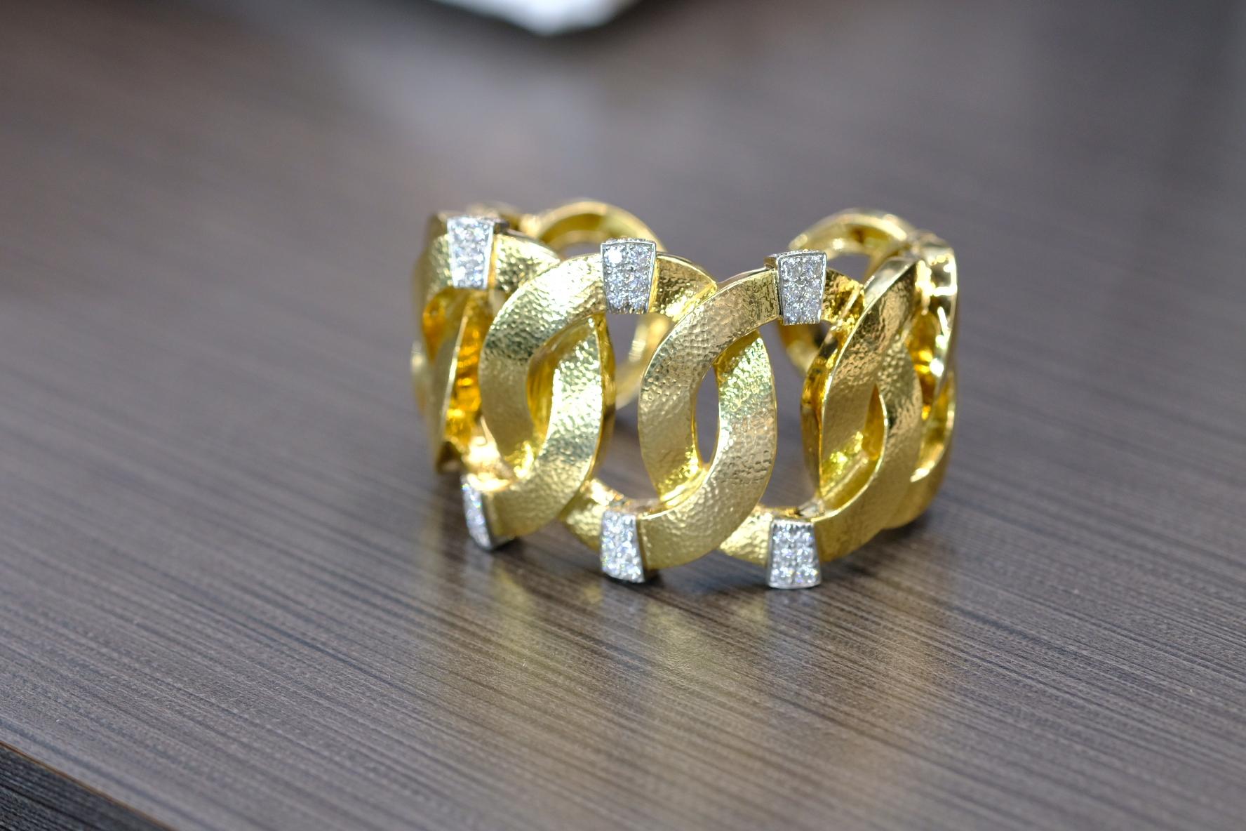 David Webb Platinum & 18K Yellow Gold Hammered Diamond Open Link Cuff Bracelet For Sale 4