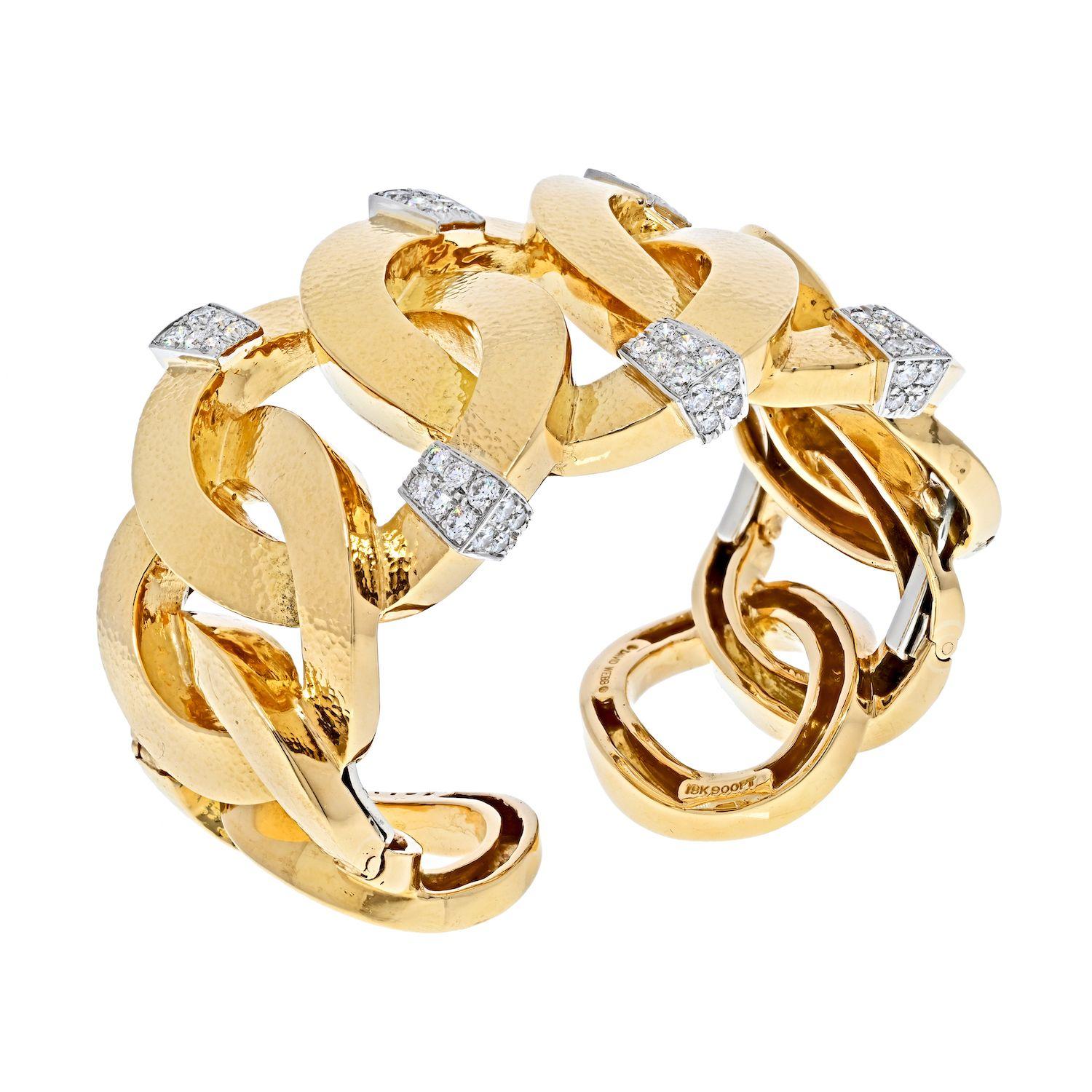 David Webb Platin & 18K Gelbgold gehämmertes Diamant-Armband mit offenen Gliedern im Zustand „Hervorragend“ im Angebot in New York, NY